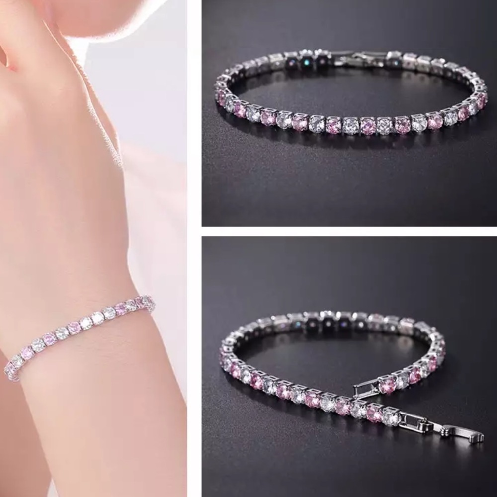 Tennis bracelet pink & clear diamond silver clasp closure shiny sparkly y2k